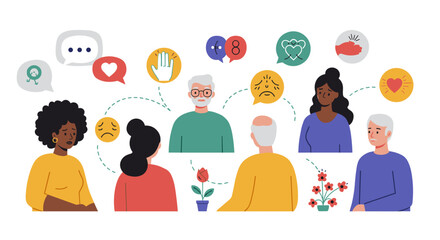 Emotional communication in diverse groups: flat style vector illustration for poster design