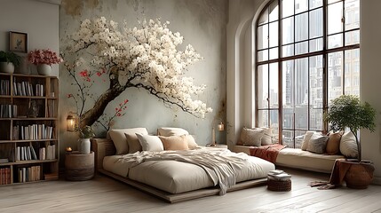 Minimalist bedroom design with floral mural high resolution picture