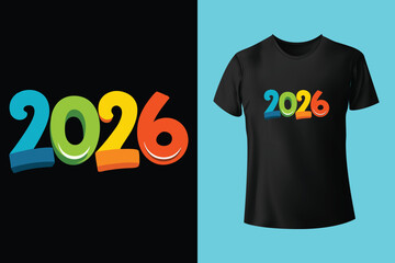 Happy new year 2026 typography design with festive decorations on black t shirt mockup