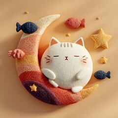 White cat sleeping on crescent moon with stars and fish image