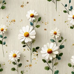 White daisies with yellow centers on beige textured background white flowers green leaves