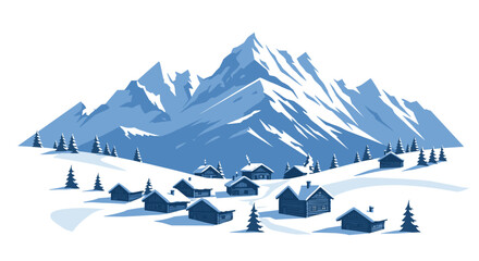 Snowy mountain village scene with alpine houses and pine trees in winter