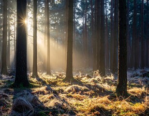 Fototapeta premium Sunlight streams through a frosty pine forest
