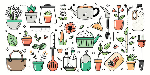 Charming hand-drawn gardening tools and plants collection for your creative projects