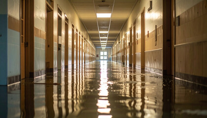 Flood in school hallway disrupts education and limits access to classrooms with water reflecting ceiling lights