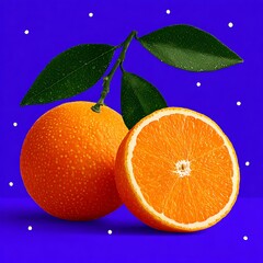 Whole and sliced orange with green leaves fruit citrus