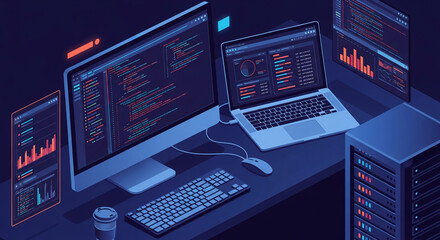 Isometric illustration of a programmer's workspace: desktop, laptop, keyboard, mouse, server, displaying code and data graphs, symbolizing software development, data analysis, and technology