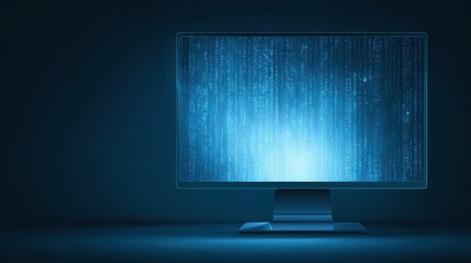 A glowing computer monitor displaying abstract blue digital data in a dark, futuristic setting.