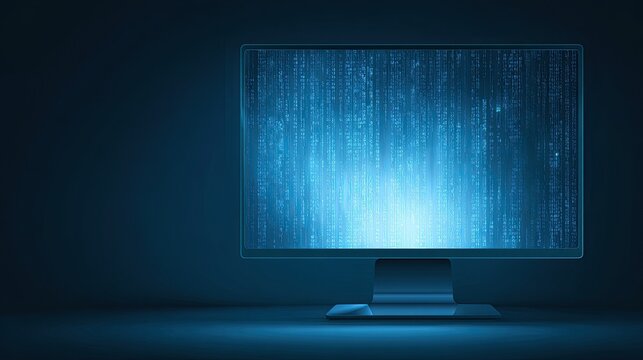 A glowing computer monitor displaying abstract blue digital data in a dark, futuristic setting.