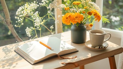 Open notebook with pen coffee cup and yellow flowers in a vase on a wooden table by a window
