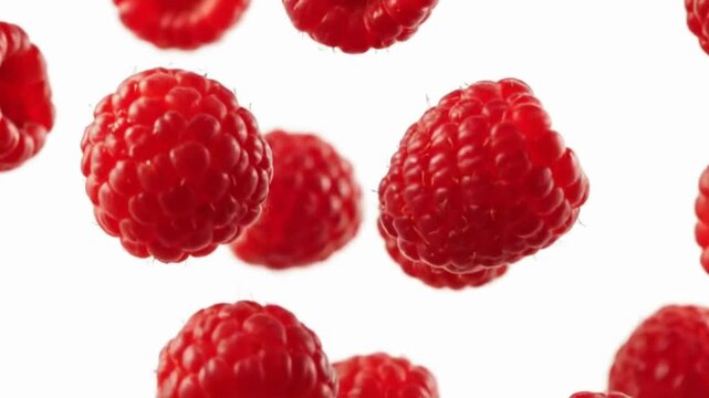  A handful of fresh, vibrant red raspberries are flying through the air, rotating gracefully.