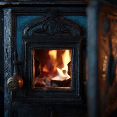 Antique wood stove fire