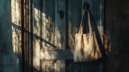 Old wooden door with hanging cloth and dappled sunlight.