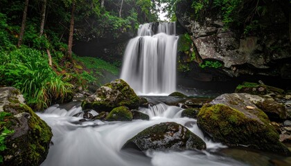 Cascading Waterfall Over Mossy Rocks in Lush Green Forest Scenic Landscape