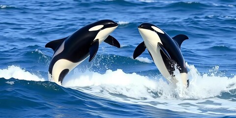 Obraz premium Two orcas breach, playful mid-air acrobatics amidst surging ocean waves, orcas, sea