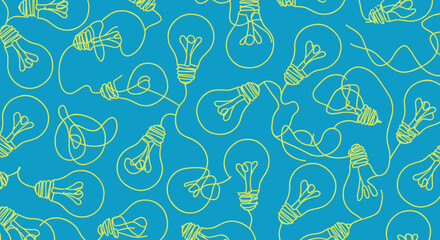 Bright idea seamless pattern with continuous line light bulbs on blue background