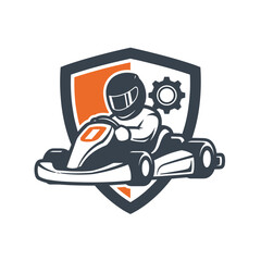 Go Kart Racing Emblem with Driver and Gear Icon.