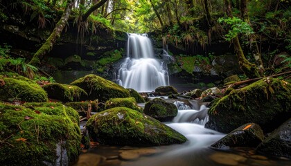 Cascading Waterfall Through Lush Mossy Rocks in Forest Long Exposure