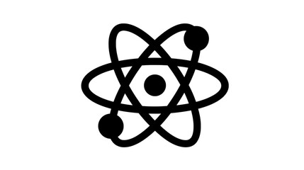 Minimalist atom structure vector logo with red nucleus and orbiting electrons on cream background, scientific symbol for technology branding, educational materials, or corporate identity design