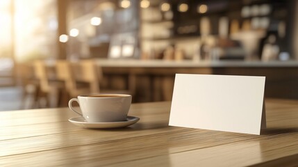 Cup of coffee and blank card on a wooden table in cafe.