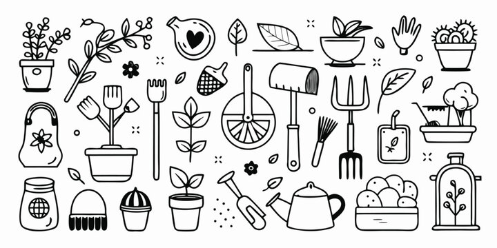 Charming hand drawn collection of gardening tools and plants for garden enthusiasts