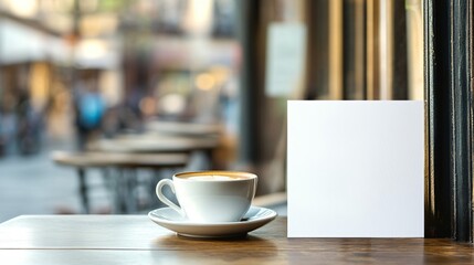 Coffee cup and blank sign on a table inside a cafe.