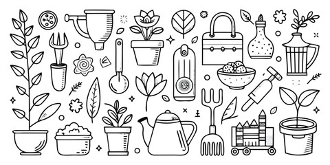 Obraz premium Diverse gardening tools and plants collection hand-drawn style for hobbyists and gardeners
