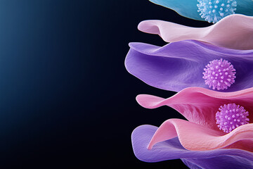 Abstract layered waves in vibrant colors with circular motifs similar bacteria.