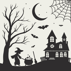 Spooky Halloween Witch with Cauldron, Haunted House, and Bats Silhouette