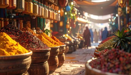 Bustling Moroccan Spice Market Display with Colorful Spices in Bowls and Overhead Lighting