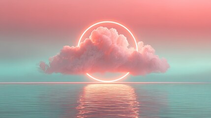 Neon lit single cloud with ethereal glow over pink teal gradient water, futuristic and serene nature background for digital art