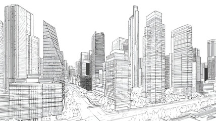 Naklejka premium Dynamic Urban Cityscape Line Art Style Background Illustration