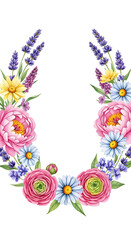 A beautiful floral arrangement featuring peonies, ranunculus, daisies, and lavender in a horseshoe shape.