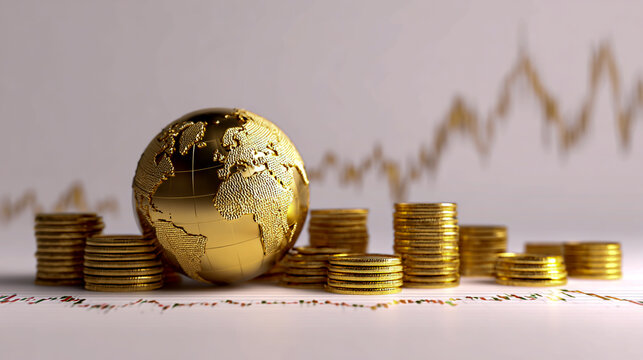 Gold globe and coins on a white background with a stock market graph, a business financial concept