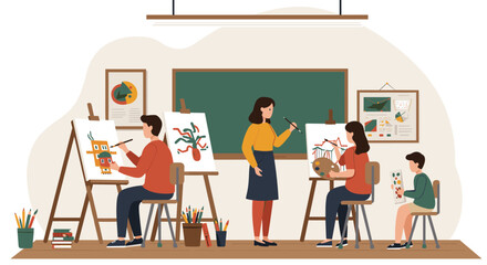 Art class scene with painting students and teacher in classroom setting