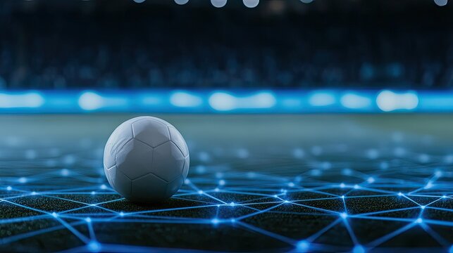 A soccer ball rests on a blurred stadium field, enhanced by blue glowing lines and digital connections, showcasing a modern, technology-driven sporting environment