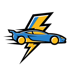 Blue Sports Car Speeding Through a Yellow Lightning Bolt Graphic.