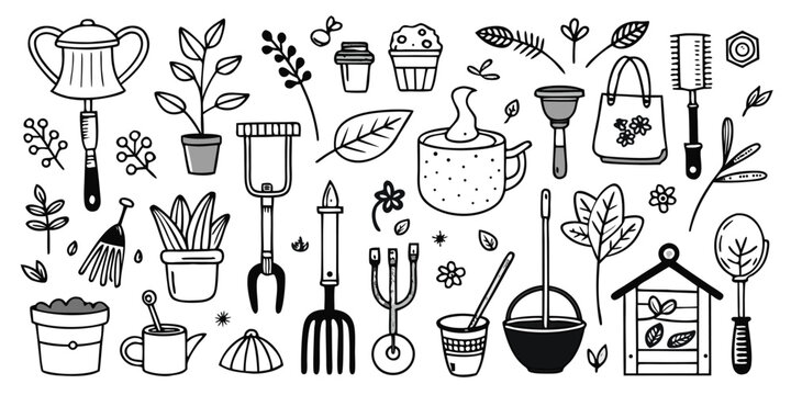 Collection of hand-drawn gardening tools and plants for outdoor enthusiasts and gardeners
