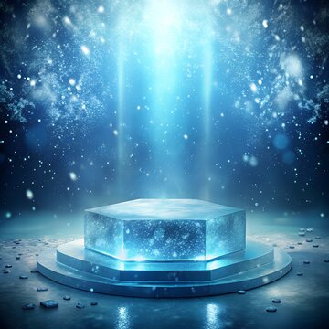 Illuminated Ice Cube Podium with Sparkling Blue Light Showers Perfect for Product Displays or Abstract Conceptual Backgrounds with a Wintery Theme
