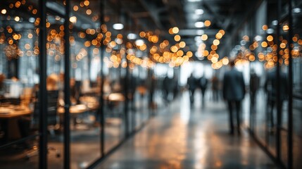 Blurred View of Modern Office Workspace with Warm Bokeh Lights and Active Business Professionals