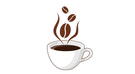 Steaming cup of coffee with beans rising, a perfect morning brew for energy and warmth.