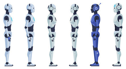Futuristic robot lineup: six robots in profile with futuristic elements