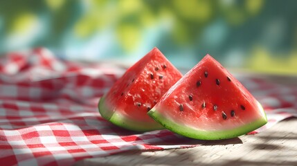 Two refreshing watermelon slices on a red and white checkered tablecloth in a sunny outdoor setting