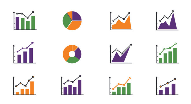 Colorful linear graphs and pie charts for data analysis and presentation