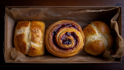 Three delicious baked goods including two hot cross buns and a cinnamon roll in a rustic box