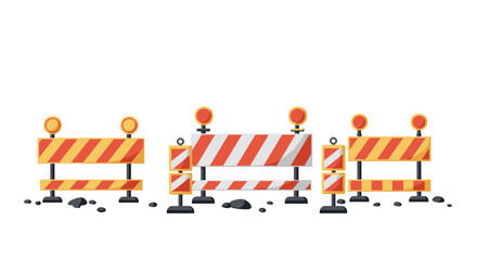 Bright construction barriers with orange warning lights and reflective stripes