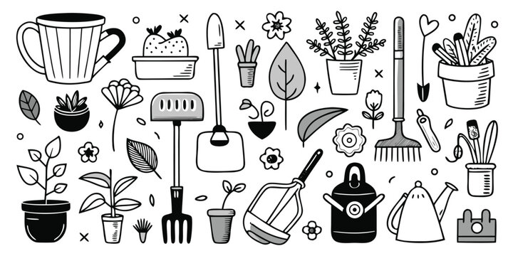 Hand drawn gardening tools and plants collection for outdoor garden and indoor plant enthusiasts