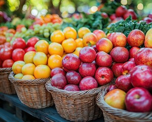 Fresh produce displayed in wicker baskets at a market