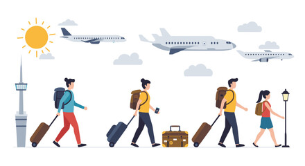 Travelers with luggage walking in city with airplanes above in flat design