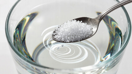 Spoon of salt dissolving in clear water